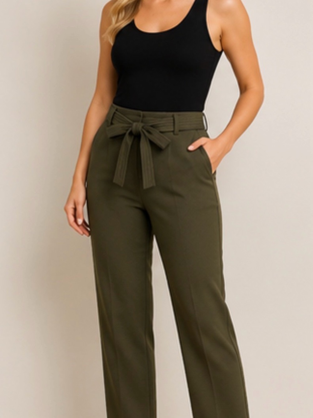 LOFT Olive High-Rise Tie-Waist Cropped Trousers